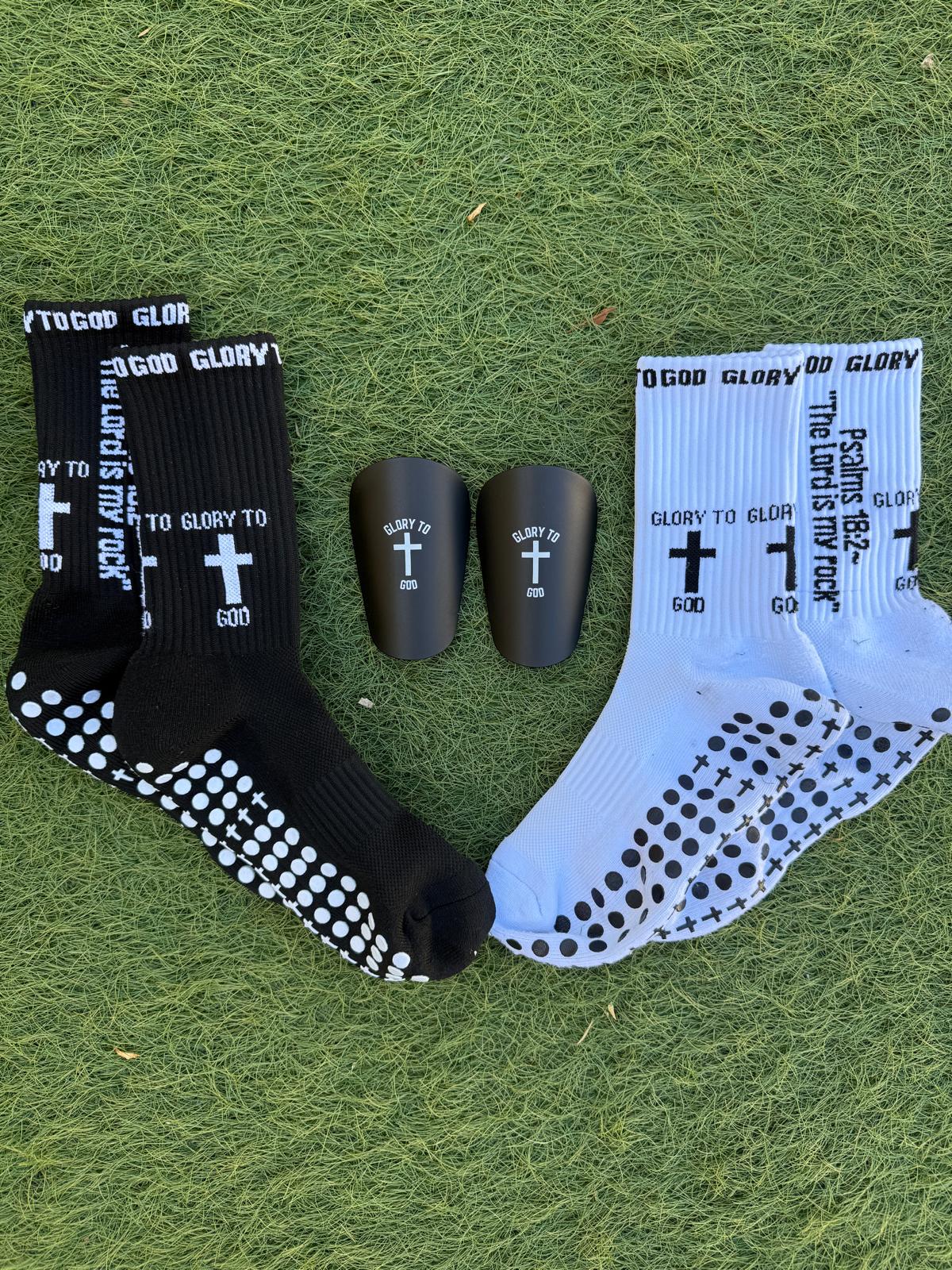 Glory To God Grip Socks 3.0 + Mini Shin Pads Bundle (Only $5 Extra)